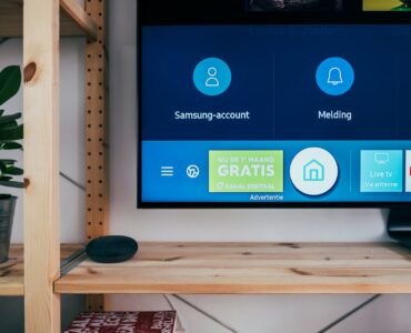 Modern living room with 4K TV streaming IPTV in Canada with sports and movie interface.